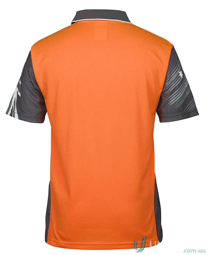 Orange and grey Southern Cross workwear polo shirt with white trim and patterned sleeves