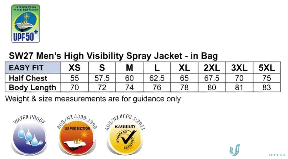 Men’s high visibility spray jacket size chart for HiVis Spray Jacket Spirit SW27 stay dry gear