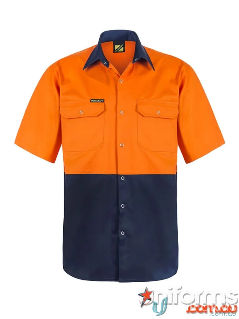 Orange and navy blue short-sleeved work shirt from HiVis Stud SS Shirt, perfect work uniforms
