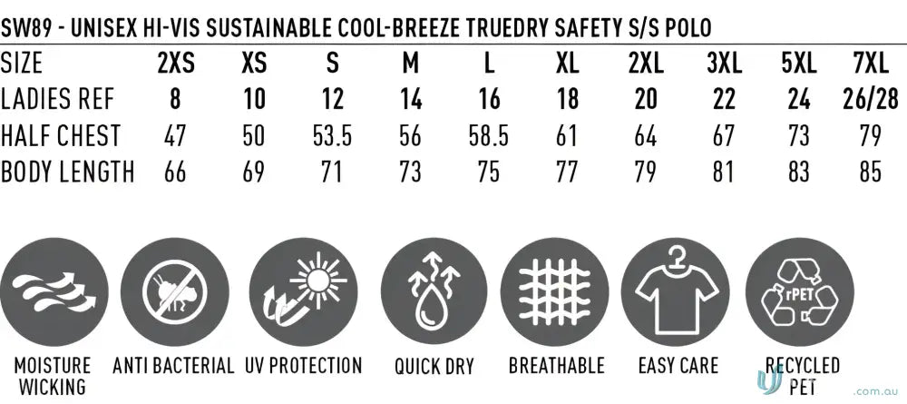 Sizing chart and features of the HiVis SW89 sustainable cool-breeze safety polo shirt