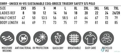 Sizing chart and features of the HiVis SW89 sustainable cool-breeze safety polo shirt