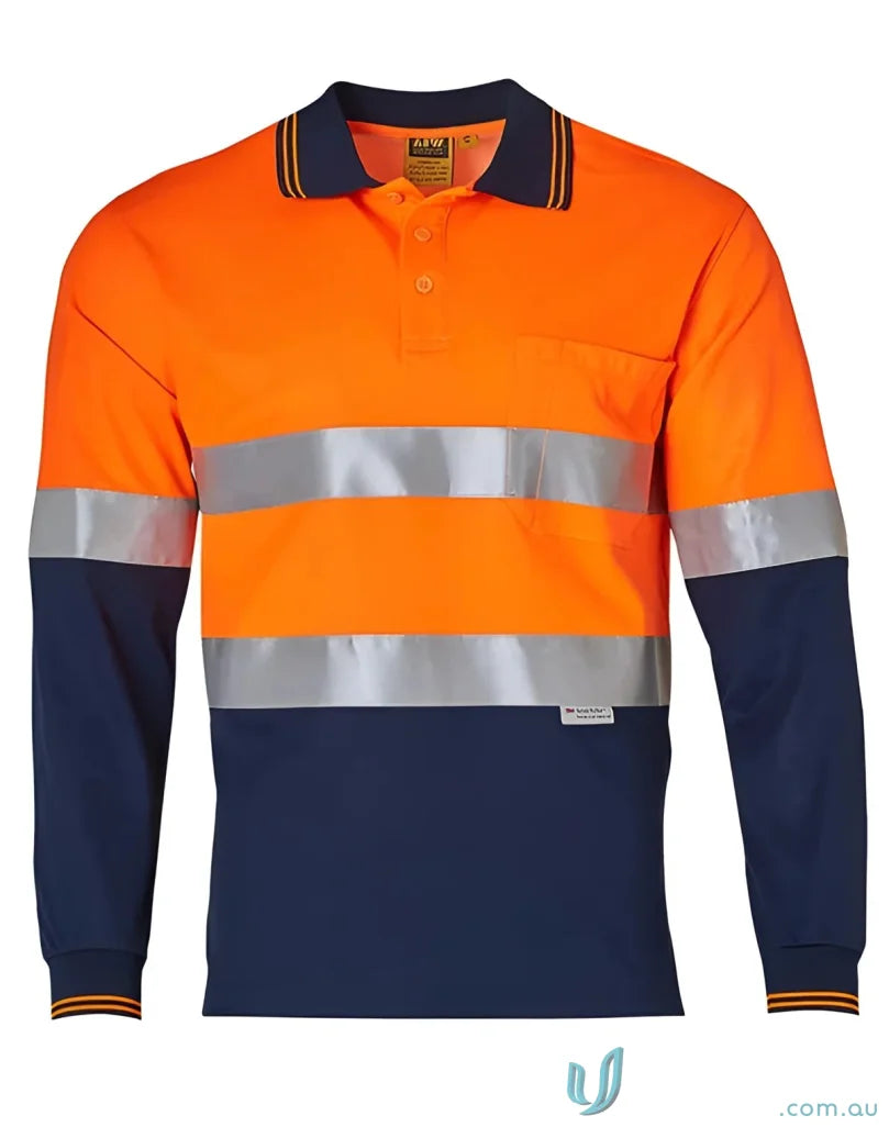 Orange and navy sw21a long sleeve safety polo shirt with hivis truedry 3M tape