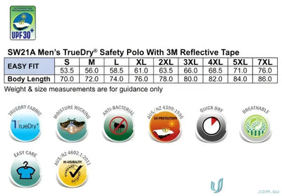 Mens sw21a long sleeve safety polo size chart and features on HiVis TrueDry LS 3M Tape Polo