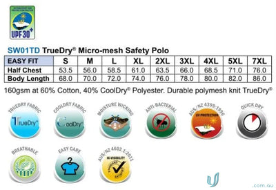 Hivis Truedry Polo sizing chart and fabric details for ultimate winning spirit hivis fit