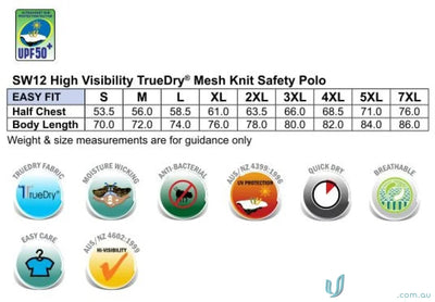 Polo shirt sizing and features chart for HiVis TrueDry Safety Polo with sw12 truedry tech