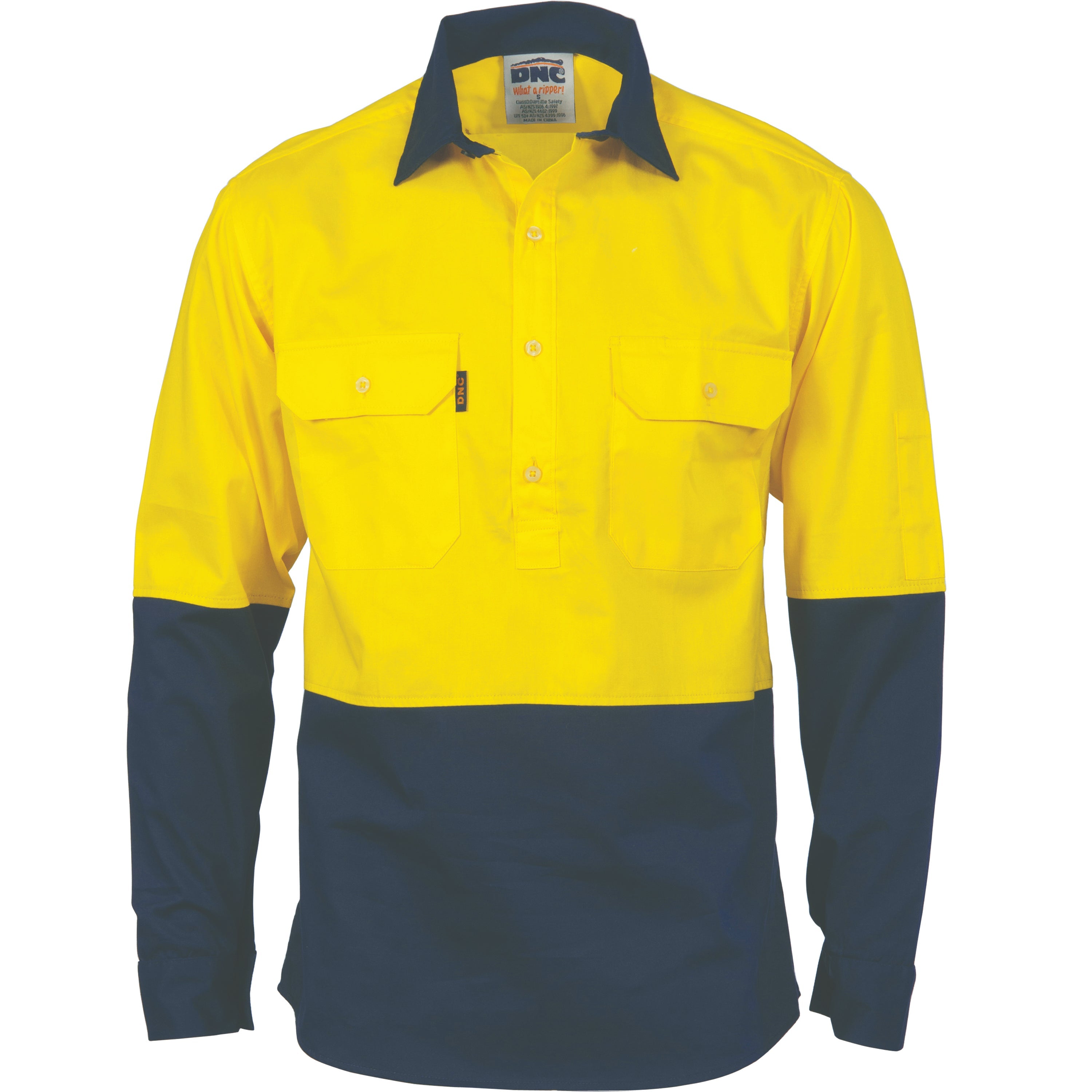 HiVis Two Tone Close Front LS Cotton Drill Shirt - Fluoro Yellow/Navy / A(S) - WORKWEAR