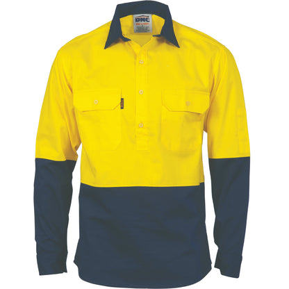 HiVis Two Tone Close Front LS Cotton Drill Shirt - Fluoro Yellow/Navy / A(S) - WORKWEAR