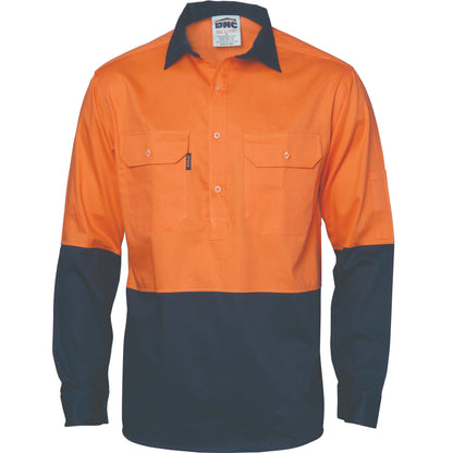 HiVis Two Tone Close Front LS Cotton Drill Shirt - WORKWEAR