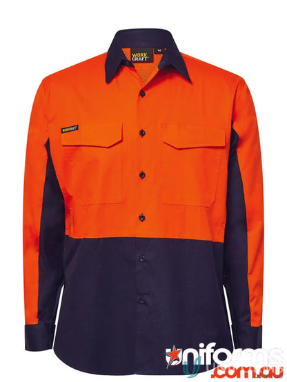 Orange and navy HiVis Vented Ripstop LS Shirt for work uniforms with sun protection