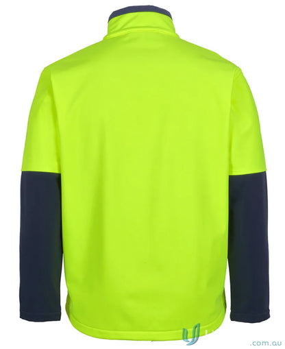 A neon yellow long-sleeved work shirt with navy blue lower sleeves.
