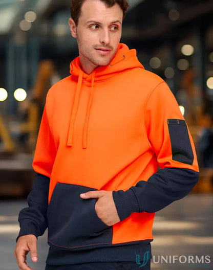 Orange and navy blue HiVis Water Resistant Fleece Hoodie with pockets and resistant fleece hoodie feel