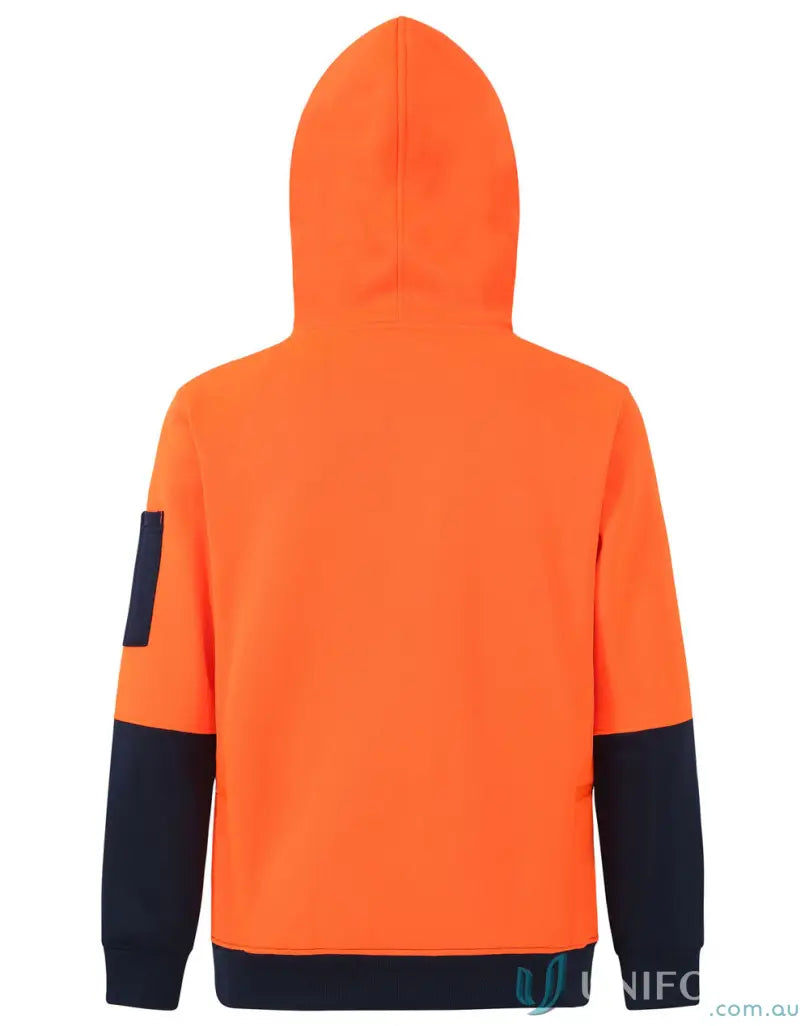 Orange and dark blue HiVis Water Resistant Fleece Hoodie with arm patch sw91