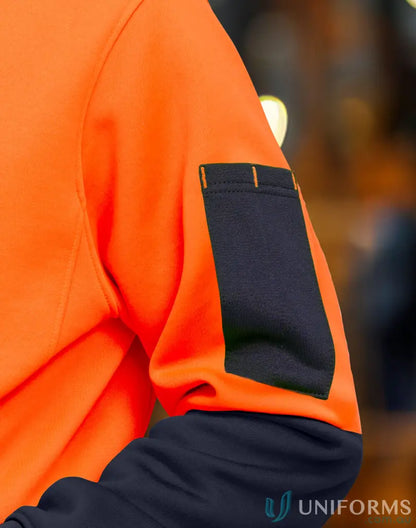 Orange and navy long-sleeved work shirt with utility pocket, part of HiVis Water Resistant Fleece Hoodie SW91