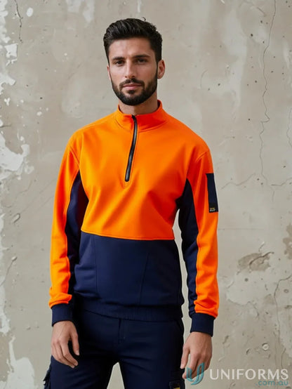 HiViz Half quarter-zip sweatshirt with contrast dirt panels in orange and navy blue