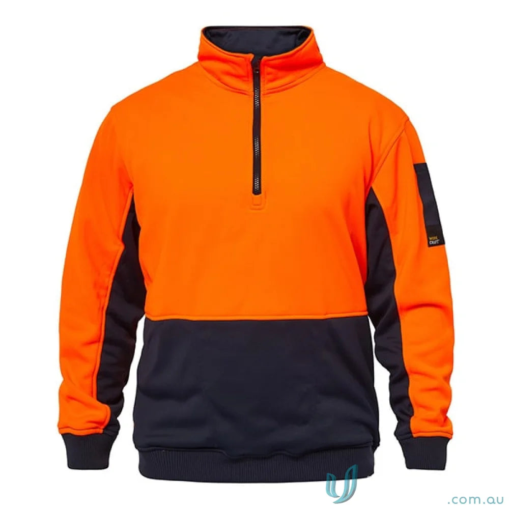 Orange and navy blue HiViz Half Zip Pullover with contrast dirt panels for workcraft hiviz half safety