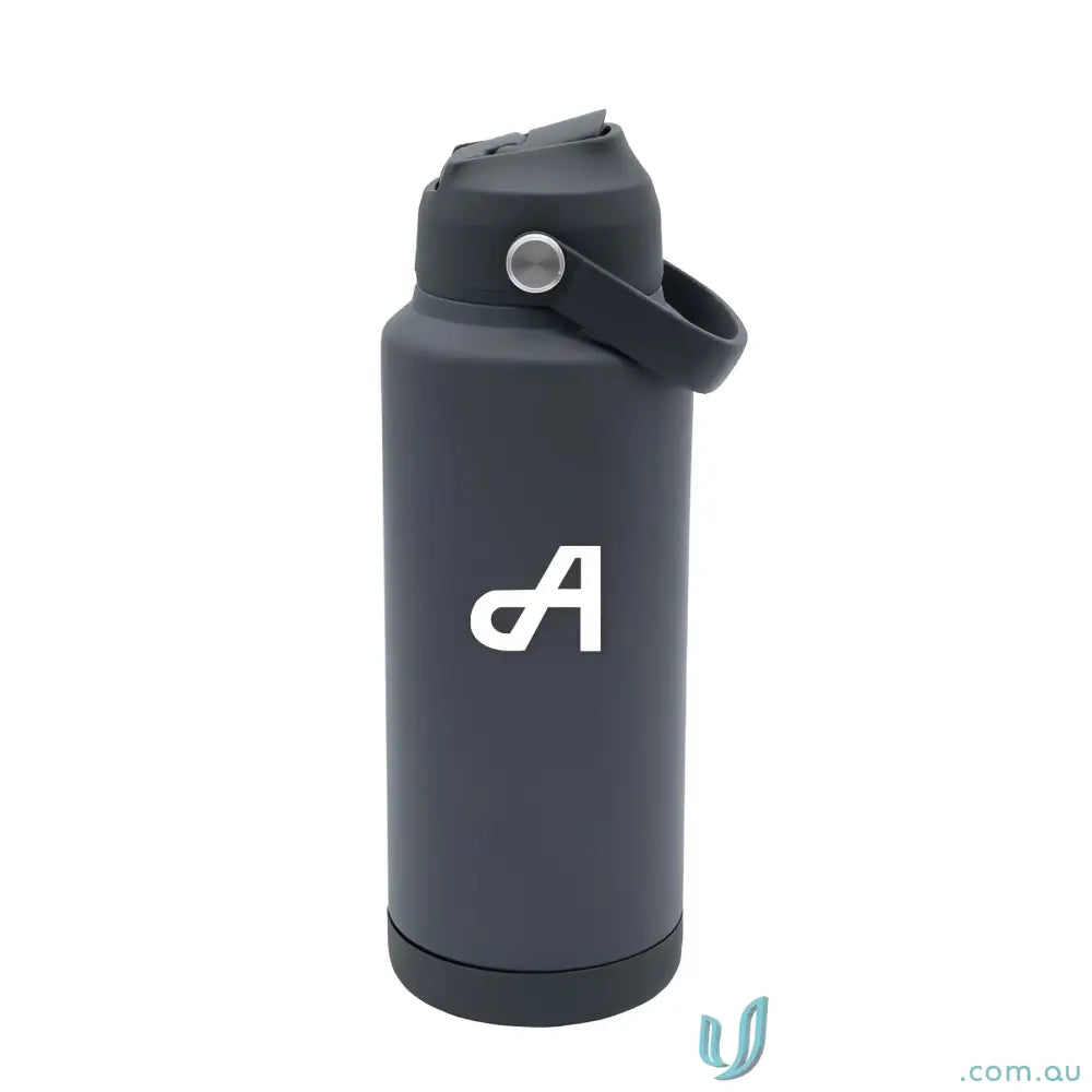 Gray stainless steel water bottle with handle and powder-coated exterior from Holly
