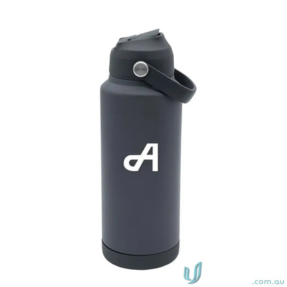 Gray stainless steel water bottle with handle and powder-coated exterior from Holly