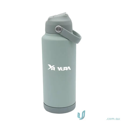 Gray stainless steel water bottle with handle and powder-coated exterior from Holly