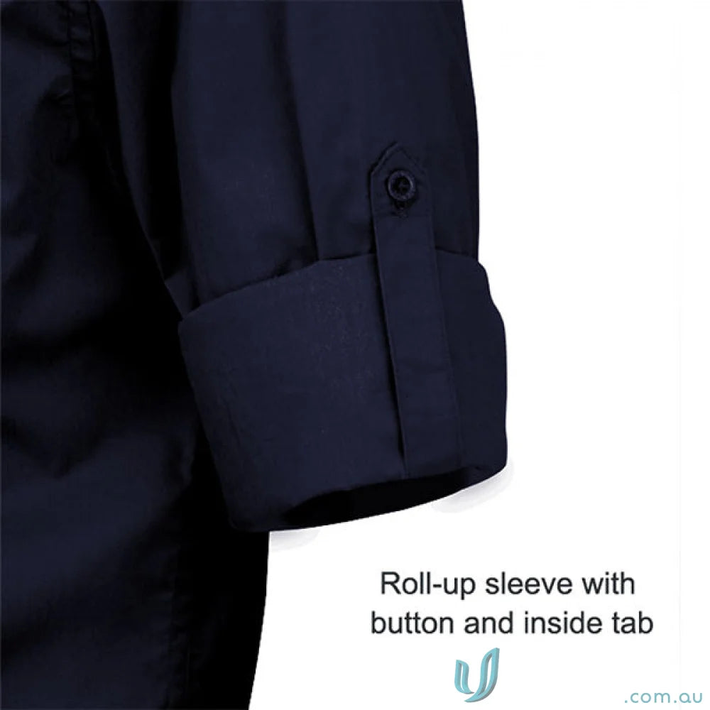 Dark blue Hospitality Nano Ladies L/S Shirt with rolled cuffs and button-tab closure for uniforms