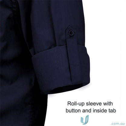 Dark blue Hospitality Nano Ladies L/S Shirt with rolled cuffs and button-tab closure for uniforms