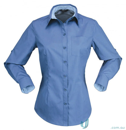 Women’s light blue Hospitality Nano Ladies L/S Shirt with chest pocket, perfect for uniforms