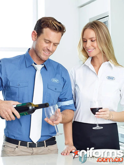 Hospitality Nano uniforms: man and woman serving wine in workwear for hospitality staff