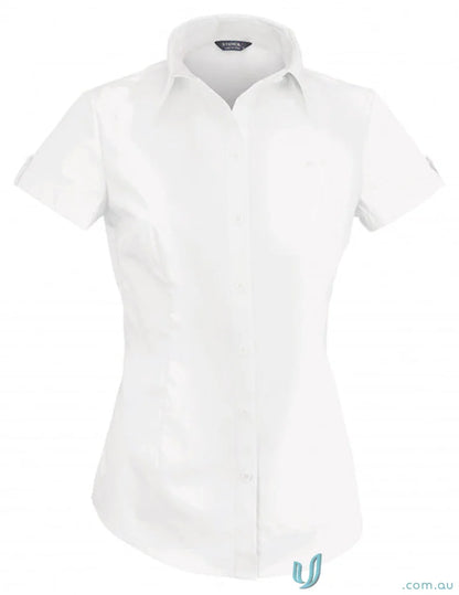 Hospitality Nano Ladies S/S Shirt in white with pinstripes, perfect for workwear uniforms