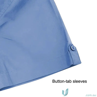 Close-up of a blue button-tab sleeve on Hospitality Nano SS Shirt made with nano-gear® fabric