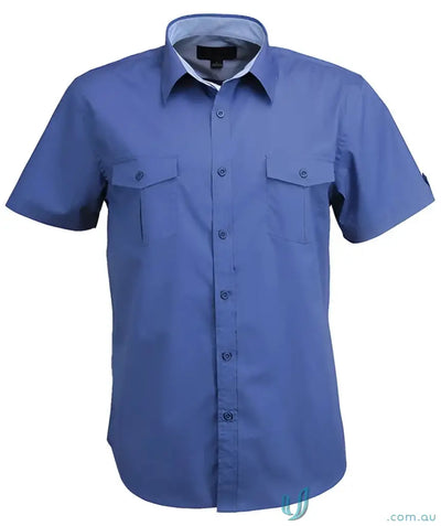 Men’s blue hospitality nano SS shirt made with nano-gear fabric featuring chest pockets
