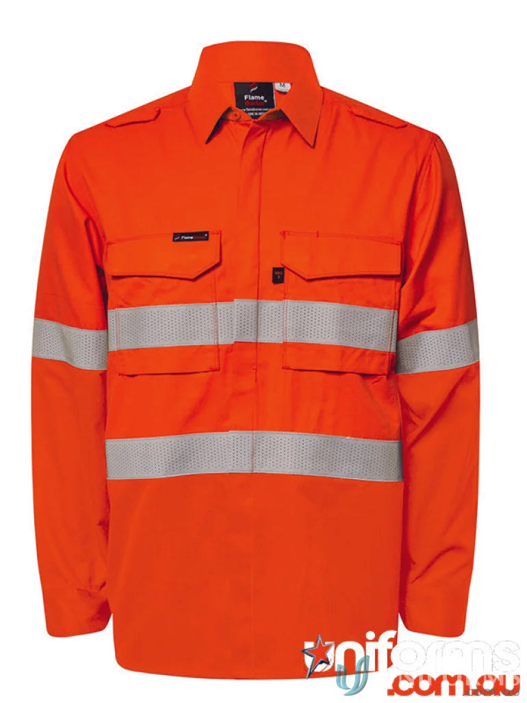 Orange hi-vis reflective shirt with gusset sleeves and perforated tape for safety