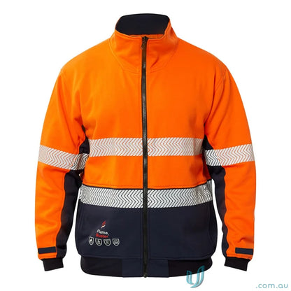 Orange and navy HRC2 HiVis Segmented Reflective Fleece with internal pocket and contrast dirt panels