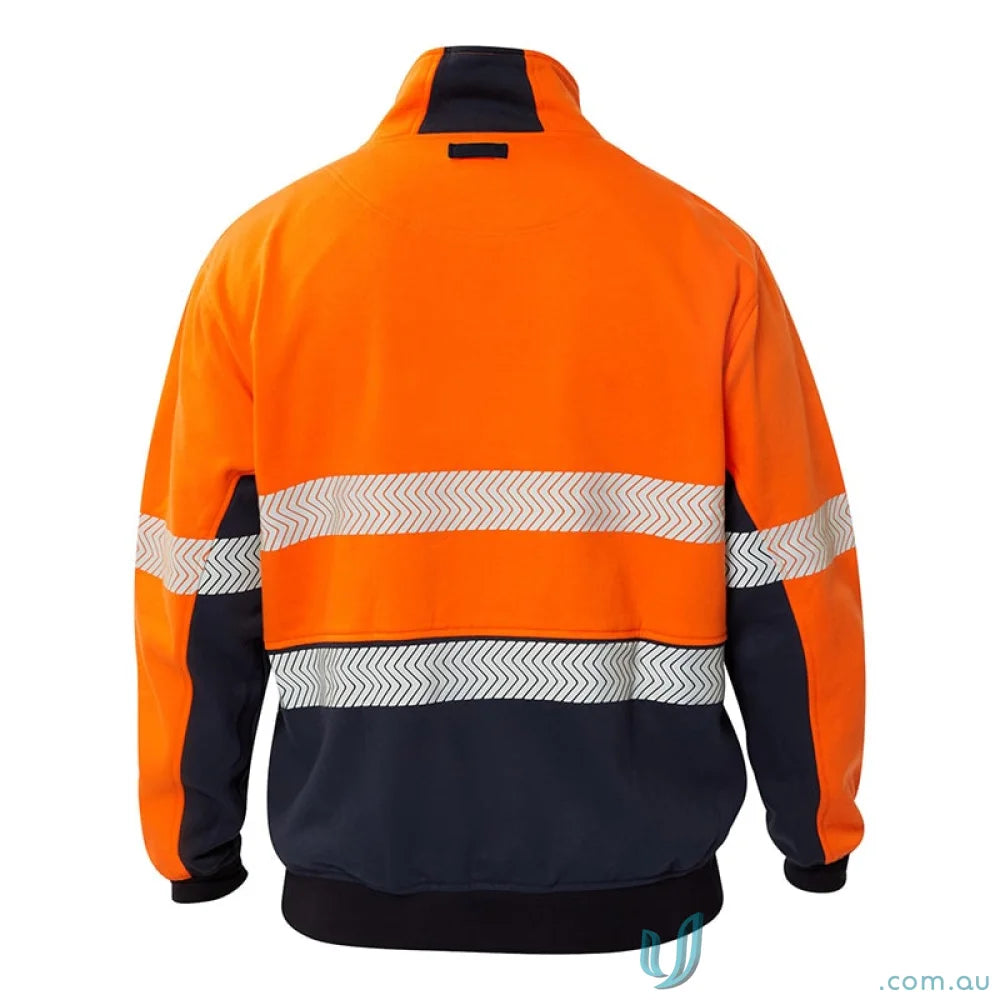 Orange and navy high-vis jacket with reflective stripes, contrast dirt panels, and internal pocket