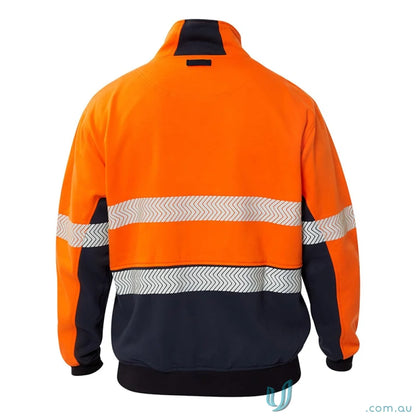 Orange and navy high-vis jacket with reflective stripes, contrast dirt panels, and internal pocket