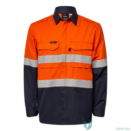 Orange and navy HRC2 Inherent HiVis Reflective LS Shirt with gusset sleeves