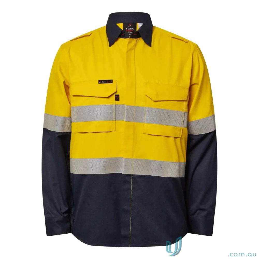 Yellow and navy blue long-sleeved work shirt HRC2 inherent hivis reflective with gusset sleeves