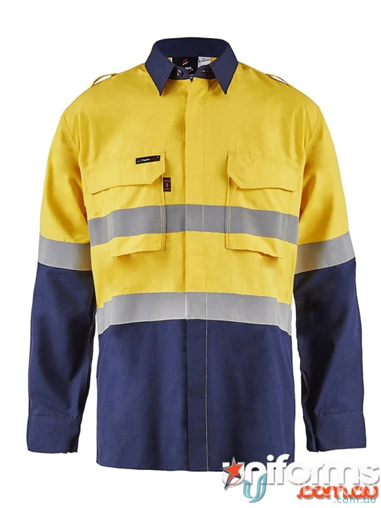 Yellow and blue HRC2 Inherent HiVis Reflective LS Shirt with gusset sleeves