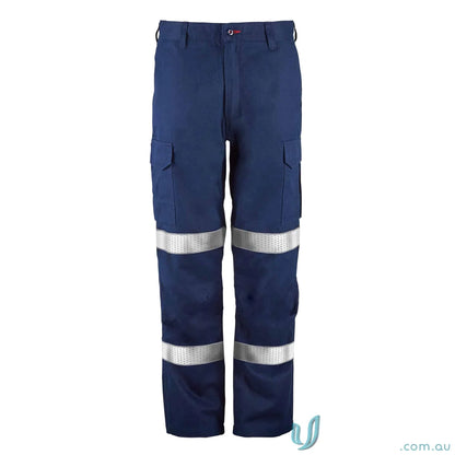 Blue work pants with reflective stripes from HRC2 Inherent Reflective Cargo Pant featuring perforated reflective tape