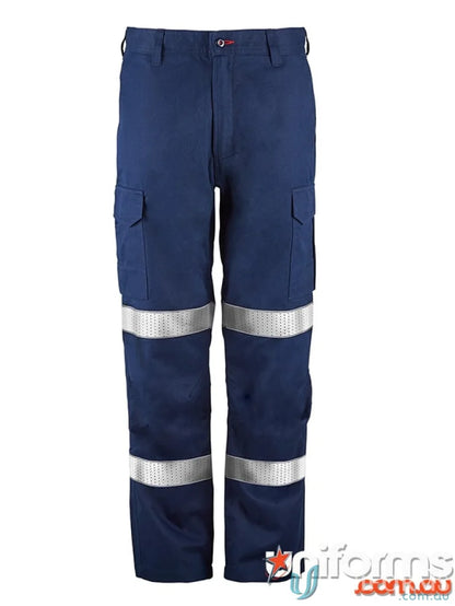 Navy blue HRC2 Inherent reflective cargo pant with perforated reflective tape for safety