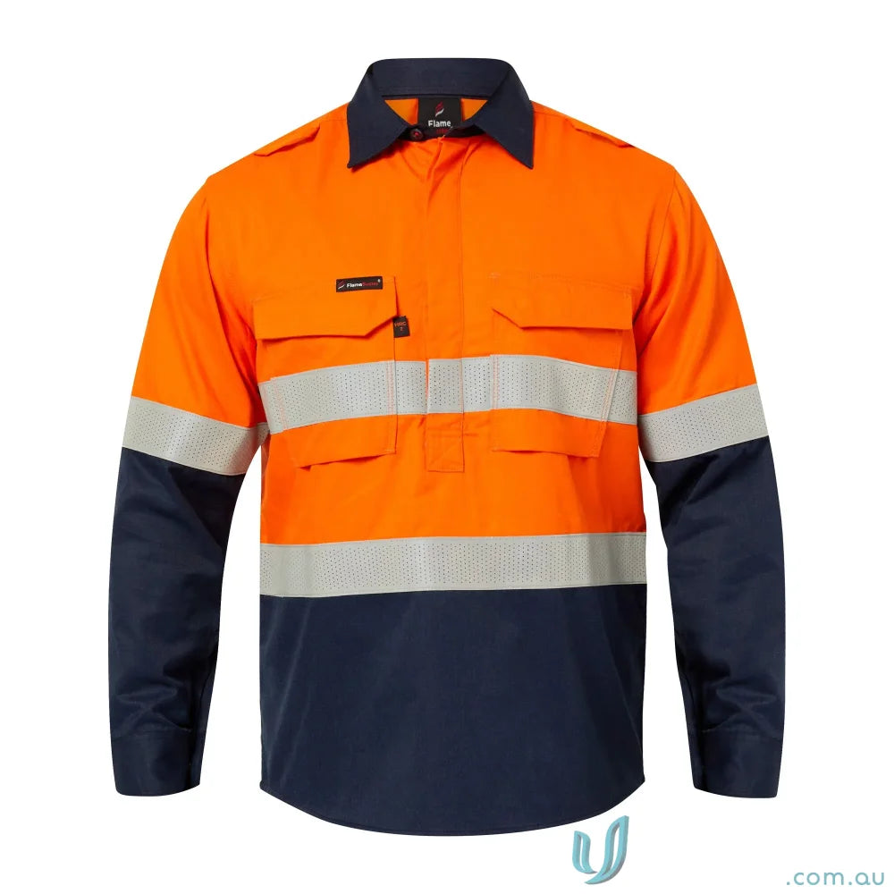 Orange and navy blue HRC2 reflective flame-resistant work shirt for heavy-duty industries