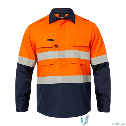 Orange and navy blue HRC2 reflective flame-resistant work shirt for heavy-duty industries