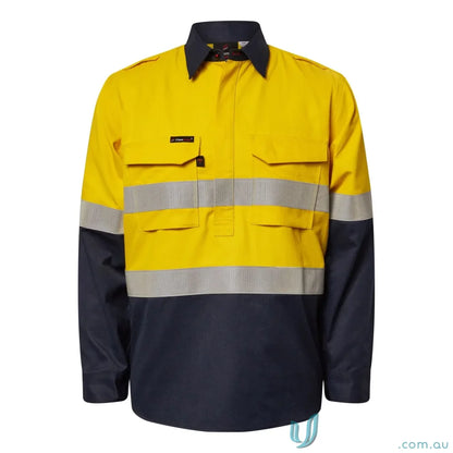 Yellow and navy blue long-sleeved HRC2 reflective flame-resistant work shirt for heavy-duty industries