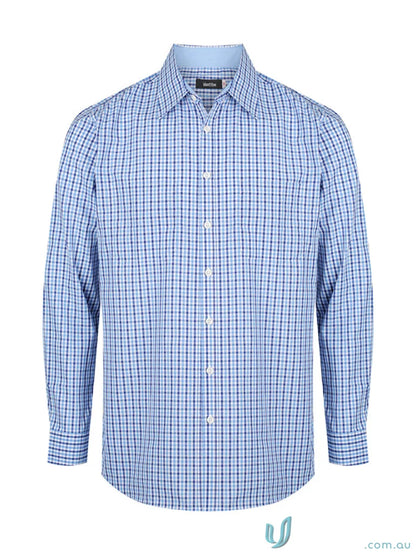 Blue and white checkered Hudson Identitee L/S Shirt, perfect for uniforms or workwear