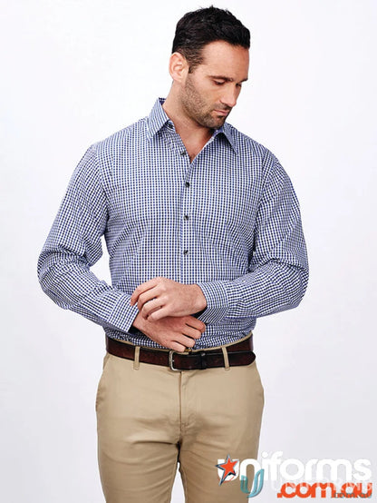 Man in checkered black white workwear shirt and khaki pants for uniforms or casual wear