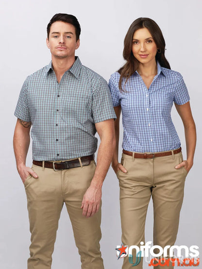Two people wearing matching Hudson Short Sleeve Shirt with gingham check pattern