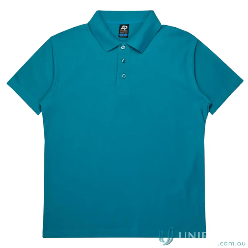 Hunter Kids Polo in teal with pique knit fabric, perfect for school uniforms or workwear
