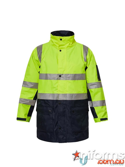 High-visibility yellow navy work jacket made of 300d polyester oxford with oxford pu coated added protection