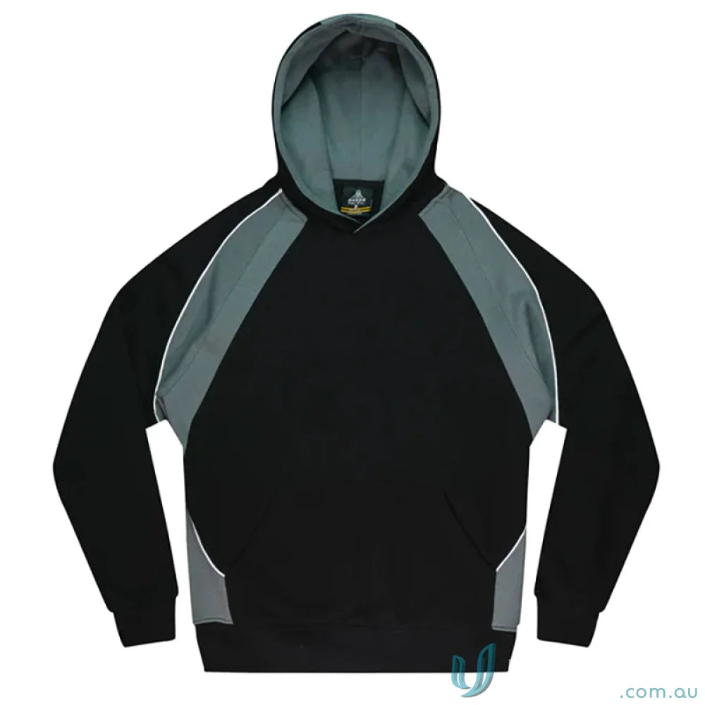 Black and gray hooded sweatshirt from Huxley Kids Hoodie, perfect for sports uniforms and casual workwear