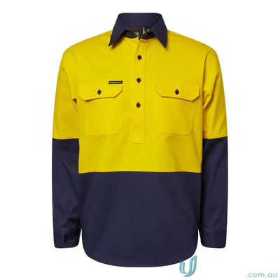 Yellow and navy blue two tone workwear shirt made of lightweight cotton for comfort