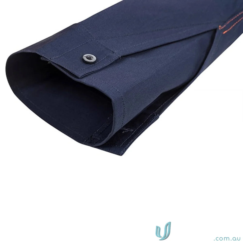 Navy blue shirt sleeve with button on Hybrid Closed Front Two Tone Shirt, lightweight cotton workwear shirt