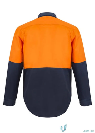 Orange and navy blue two tone workwear shirt made from lightweight cotton